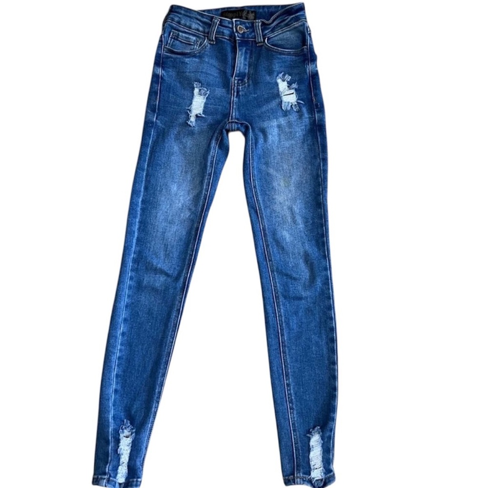 Blue Denim Distressed Teen Girls Stretch Skinny Jeans Size 0
